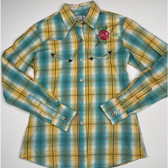 Panhandle Slim Tops - Panhandle Slim Shirt Top Pearl Snap Plaid Western Roses Equestrian Rodeo Rustic